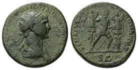 Trajan, AD 98-117. AE, Dupondius. 12.14 g. 25.95 mm. Rome.
Obv: [IMP CAES NER TRAIANO] OPTIMO AVG GER DAC PARTHICO P M TR P COS VI P P. Bust of Traja...