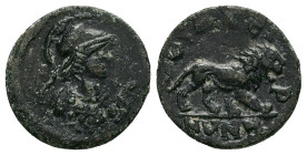 Lydia, Thyateira. Pseudo-autonomous, Circa 2nd-3rd centuries AD. AE. 1.26 g. - 14.29 mm.
Obv.: Bust of Athena wearing crested Corinthian helmet and a...