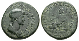 Phrygia, Acmoneia. Nero, AD 54 – 68. AE. 4.62 g. 19.78 mm. Servenius Capito, magistrate.
Obv: ΑΥΤΟΚΡΑΤΩΡ ΝΕΡΩΝ ΚΛΑΥΔΙΟΣ ΚΑΙΣΑΡ ΣΕΒΑΣΤΟΣ ΓΕΡΜΑΝΙΚΟΣ. Dr...