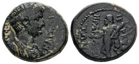 Caria, Heraclaea Salbace. Nero, AD 54-68. AE. 6.27 g. 19.56 mm. 
Obv: Draped bust of Nero, right.
Rev: ΓΛΥΚΩΝ ΙΕΡΕΥΣ ΗΡΑΚΛΕΩΤΩΝ. Heracles walking, lef...
