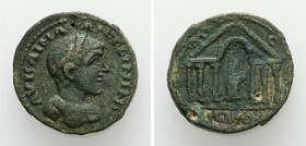 Phoenicia, Tyre. Elagabalus, AD 218-222. AE. 10.77 g. 22.60 mm.
Obv: Laureate and cuirassed bust of Elagabalus, right.
Rev: [TVRIORVM]. Front view o...