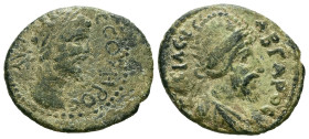 Mesopotamia, Edessa. Septimius Severus with Abgar VIII, AD 193-211. AE. 3.52 g. 21.32 mm.
Obv: CEOYHΡOC. Laureate head of Septimius Severus, right.
Re...