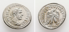 Syria, Antioch. Philip I, AD 244-249. AR, Tetradrachm. 11.84 g. 28.52 mm.
Obv: ΑΥΤΟΚ Κ Μ ΙΟΥΛΙ ΦΙΛΙΠΠΟϹ ϹƐΒ. Laureate and draped bust of Philip I, rig...