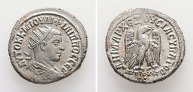 Syria, Antioch. Philip II, AD 247-249. AR, Tetradrachm. 10.56 g. 27.07 mm.
Obv: ΑΥΤΟΚ Κ Μ ΙΟΥΛΙ ΦΙΛΙΠΠΟϹ ϹΕΒ. Radiate, draped and cuirassed bust of Ph...