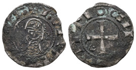 Crusaders, Principality of Antioch. Bohémond III or IV, AD 1163-1233. BI, Denier. 0.79 g. 16.76 mm.
Obv: +BOANVNDVS, helmeted bust of knight right, st...