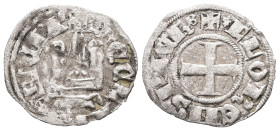 Crusaders. Principality of Achaea. Florent de Hainaut, AD 1289-1297. AR, Denier. 0.72 g 18.41 mm.
Obv: [+ DE CLARENCIA]. around Castle Tournois.
Rev: ...