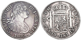 Charles IV, AD 1788-1808. AR, 8 Reales. 27.02 g. 40.39 mm.
Obv: CAROLUS IIII DEI GRATIA / 1800. Bust of Charles IV facing right.
Rev: HISPAN ET IND ...