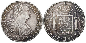 Charles IV, AD 1788-1808. AR, 8 Reales. 27.03 g. 39.54 mm. 
Obv: CAROLUS IIII DEI GRATIA / 1804. Bust of Charles IV facing right.
Rev: HISPAN ET IND R...