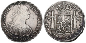 Charles IV, AD 1788-1808. AR, 8 Reales. 28.01 g. 39.37 mm. 
Obv: CAROLUS IIII DEI GRATIA / 1806. Bust of Charles IV facing right.
Rev: HISPAN ET IND R...