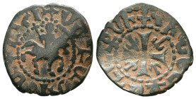 Armenia. Cilician Armenia. Smpad, AD 1296-1298. AE, Pogh. 2.06 g. 20.19 mm.
Obv: King on horseback riding right.
Rev: Cross pattée, with inward-flying...