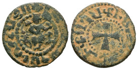 Armenia. Cilician Armenia. Levon IV, AD 1320-1342. AE, Pogh. 1.46 g. 16.68 mm.
Obv: Levon seated facing, holding cross and sceptre. 
Rev: Cross potent...