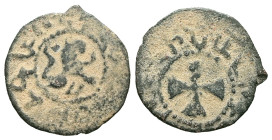 Armenia. Cilician Armenia. Royal. Levon V, AD 1374-1393. AE, Pogh. 0.80 g. 16.12 mm. 
Obv: Lion of Cyprus, rampant to right, within dotted border.
Rev...