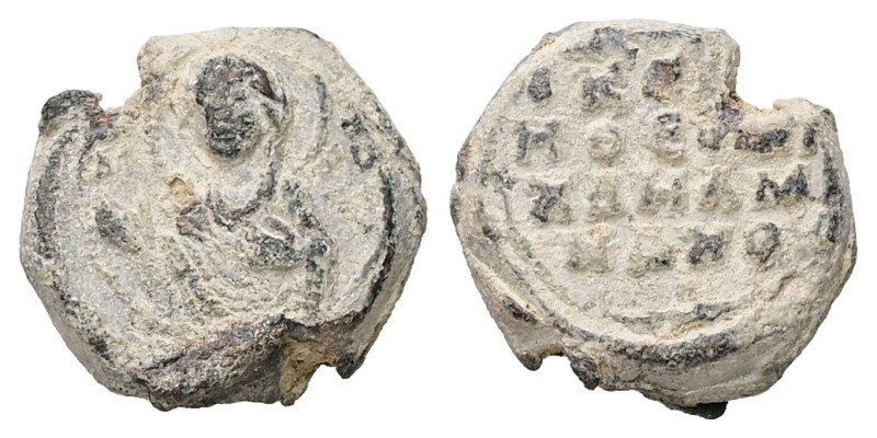 PB Byzantine seal of Michael monk (AD 11th century)
Obv: Bust of the Virgin, sli...