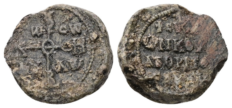 PB Byzantine seal of Symeon kourator of ? (AD 9th century)
Obv: Cruciform invoca...