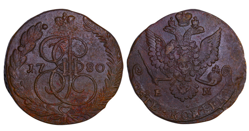 Russian Empire, Empress Catherine II (1762-1796), 5 kopecks, 1780 year, Copper, ...