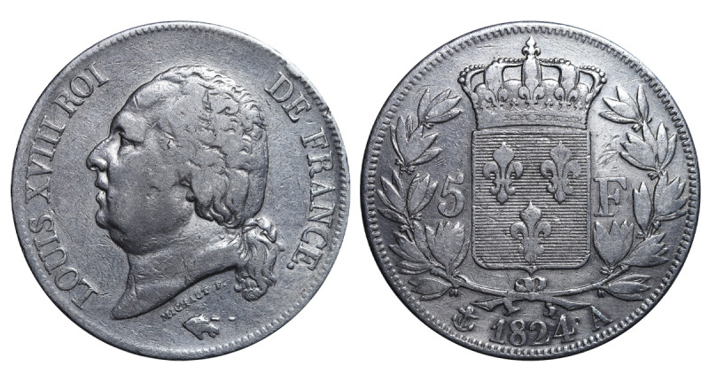 France, King Louis XVIII (1814-1815, 1815-1824), 5 francs, 1824 year, Silver, 25...