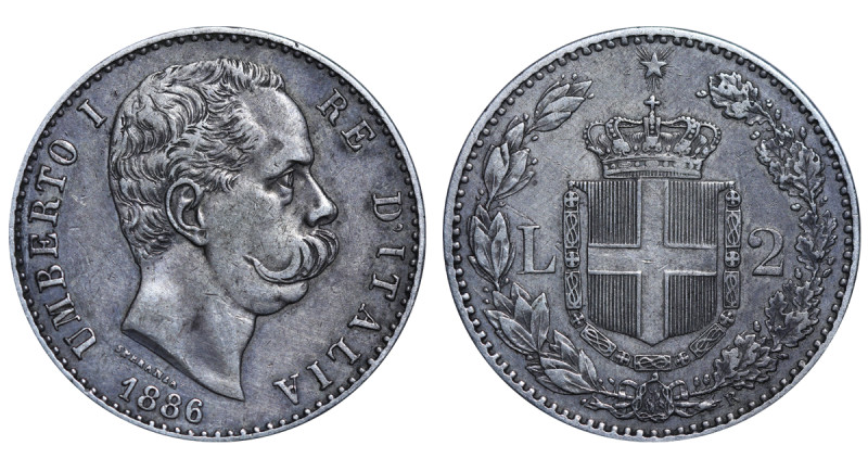 Italy, King Umberto I (1878-1900), 2 lire, 1886 year, Silver, 10 gr, KM#23