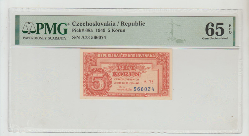 Czechoslovakia / Republic Pick# 68a 1949 5 Korun S/N A73 566074, 65 Gem Uncircul...