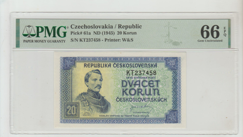 Czechoslovakia / Republic Pick# 61a ND (1945) 20 Korun S/N KT237458 - Printer: W...