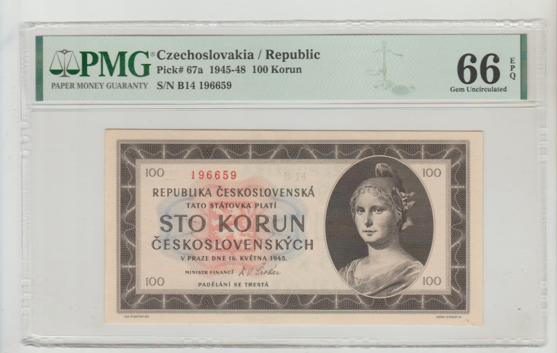 Czechoslovakia / Republic Pick# 67a 1945-48 100 Korun S/N B14 196659, 66 Gem Unc...