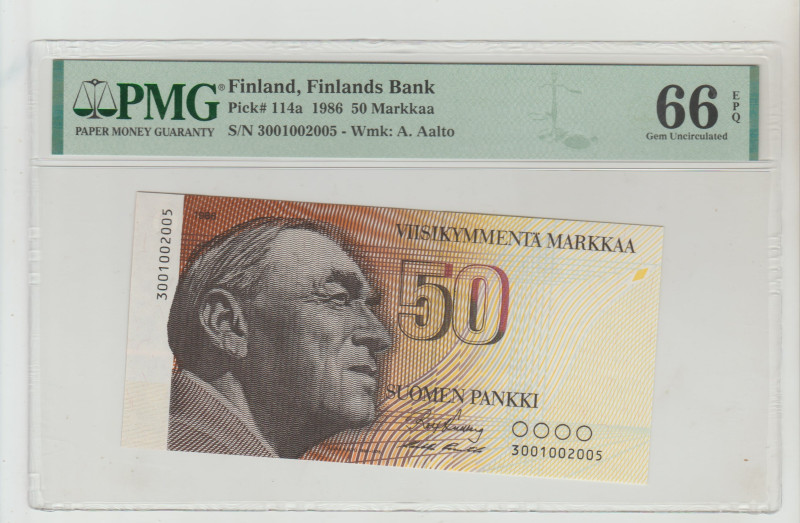 Finland, Finlands Bank Pick# 114a 1986 50 Markkaa S/N 3001002005 - Wmk: A. Aalto...