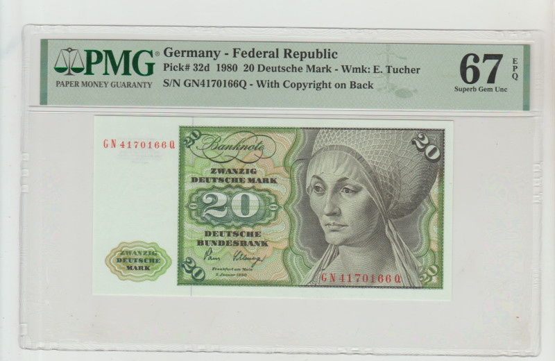 Germany - Federal Republic Pick# 32d 1980 20 Deutsche Mark - Wmk: E. Tucher S/N ...