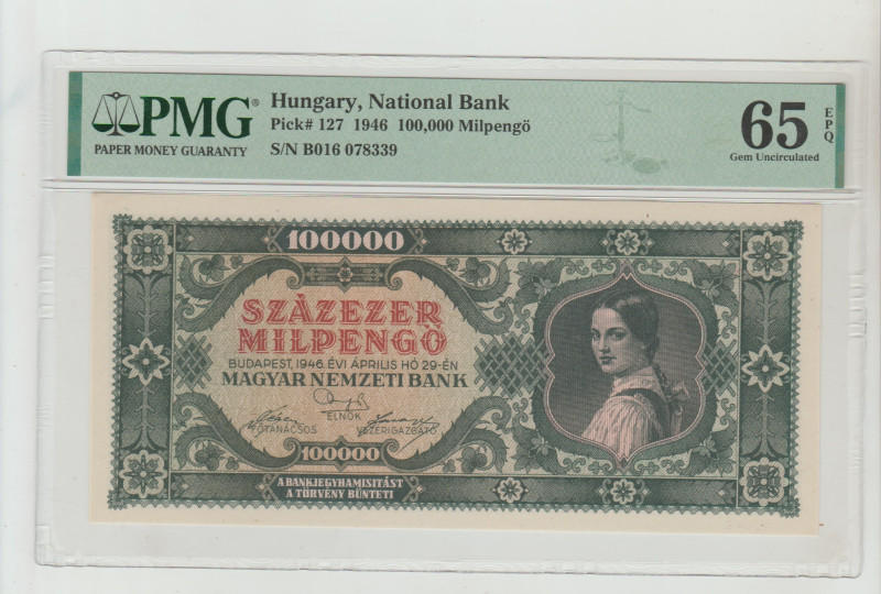 Hungary, National Bank Pick# 127 1946 100,000 Milpengo S/N B016 078339, 65 Gem U...