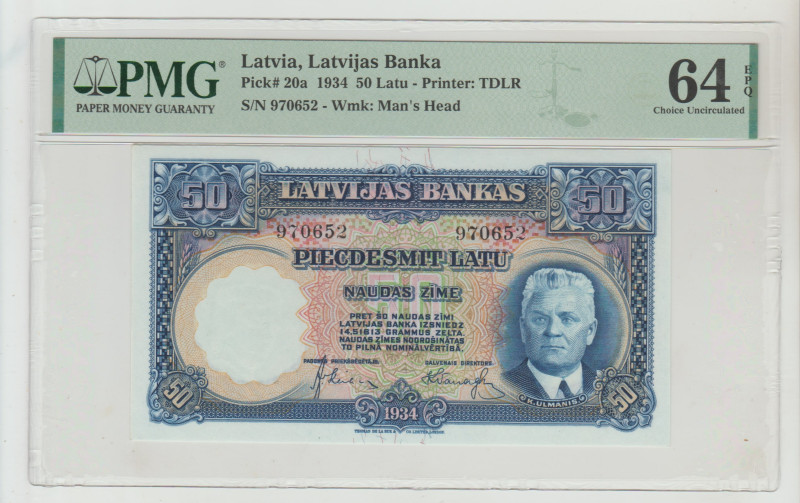 Latvia, Latvijas Banka Pick# 20a 1934 50 Latu - Printer: TDL S/N 970652 - Wmk: M...