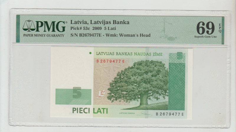 Latvia, Latvijas Banka Pick# 53c 2009 5 Lati
S/N B2679477E - Wmk: Woman's Head, ...