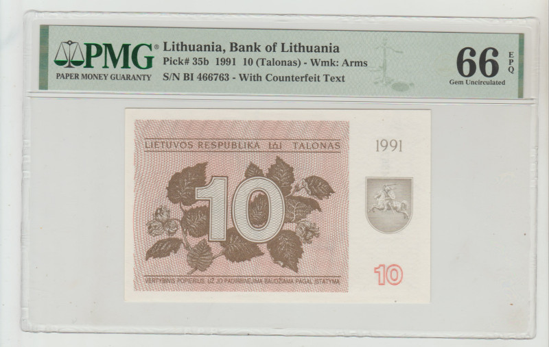 Lithuania, Bank of Lithuania Pick# 35b 1991 10 (Talonas) - Wmk: Arms S/N BI 4667...