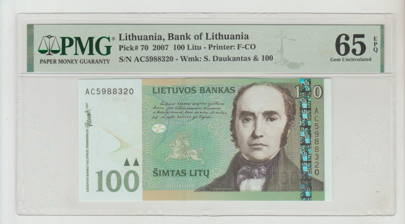 Lithuania, Bank of Lithuania Pick# 70 2007 100 Litu - Printer: F-CO S/N AC598832...