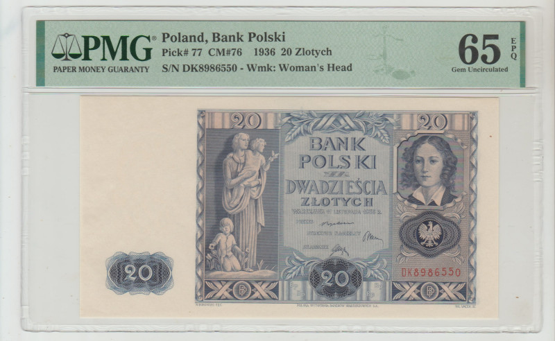 Poland, Bank Polski Pick# 77 CM#76 1936 20 Zlotych S/N DK8986550 - Wmk: Woman's ...