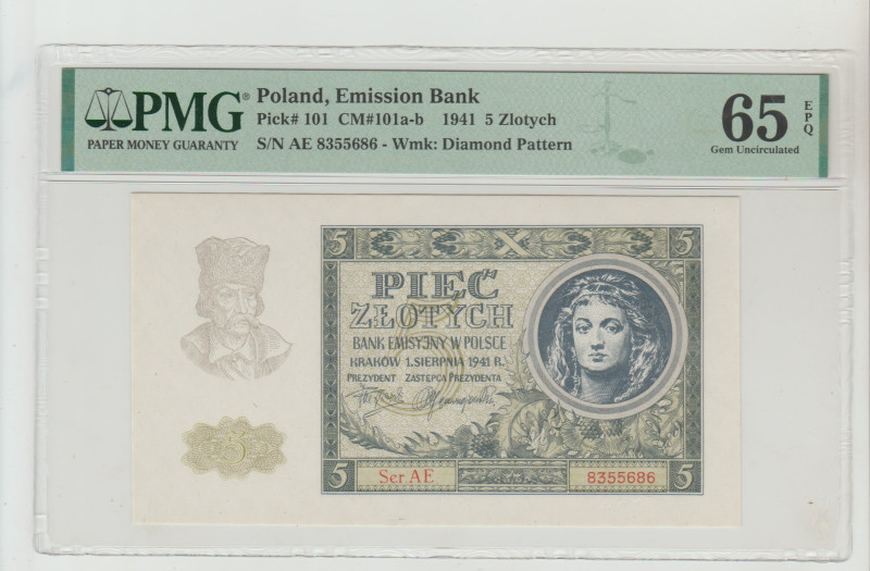 Poland, Emission Bank Pick# 101 CM#101a-b 1941 5 Zlotych S/N AE 8355686 - Wmk: D...