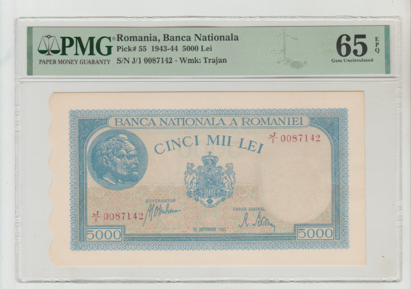 Romania, Banca Nationala Pick# 55 1943-44 5000 Lei S/N J/1 0087142 - Wmk: Trajan...