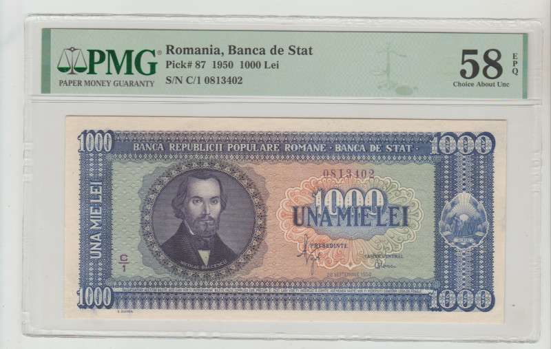 Romania, Banca de Stat Pick# 87 1950 1000 Lei
S/N C/1 0813402, 58 Choice About U...