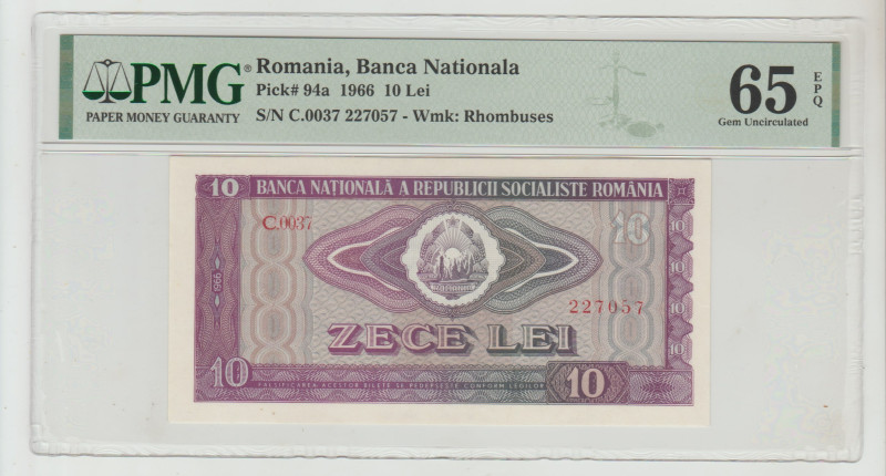 Romania, Banca Nationala Pick# 94a 1966 10 Lei
S/N C.0037 227057 - Wmk: Rhombuse...