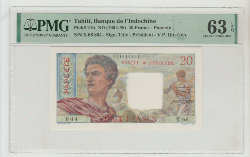 Tahiti, Banque de l'Indochine Pick# 21b ND (1954-58) 20 Francs - Papeete S/N X.6...