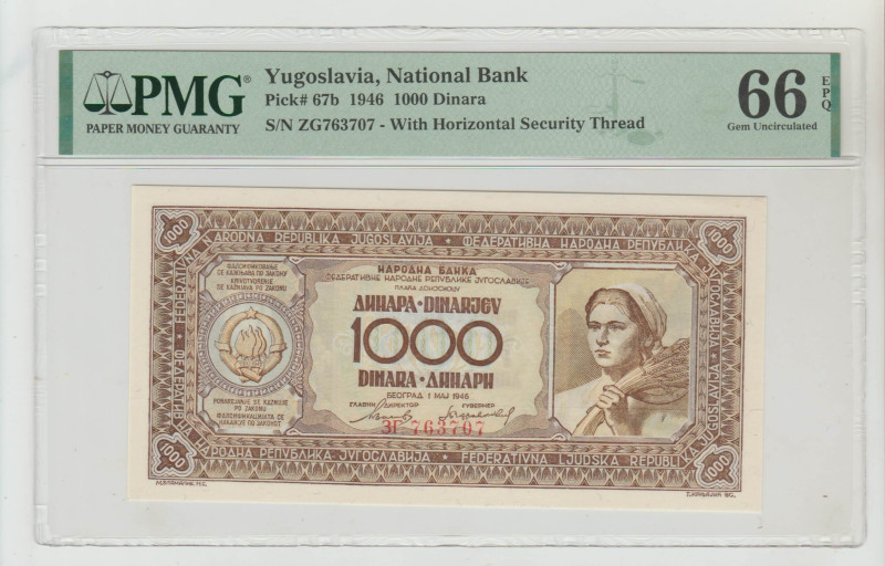 Yugoslavia, National Bank Pick# 67b 1946 1000 Dinara S/N ZG763707 - With Horizon...