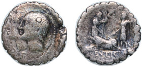 Rome Roman Republic (ancient) 106 BC AR Denarius serratus (Sulpicia: Gaius Sulpicius; D•P•P / C•SVLPICI•C•F) Silver Rome Mint 3.45g VF RRC 312/1 CRR 5...