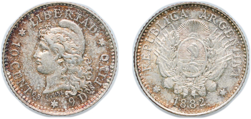 Argentina Federal Republic 1882 10 Centavos Silver (.900) (778000) 2.46g AU KM 2...