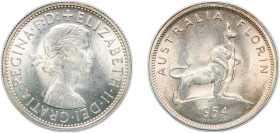 Australia Commonwealth 1954 1 Florin - Elizabeth II (1st Portrait - Royal Visit) Silver (.500) Melbourne Mint (4000000) 11.3g UNC KM 55 Schön 42