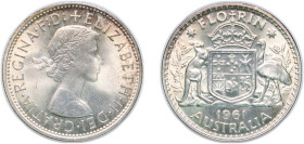Australia Commonwealth 1961 1 Florin - Elizabeth II (1st Portrait - with "F:D:") Silver (.500) Melbourne Mint (9452000) 11.32g UNC KM 60