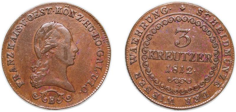 Austria Empire 1812 B 3 Kreuzers - Francis I Copper Kremnica / Körmöcbánya / Kre...