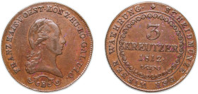 Austria Empire 1812 B 3 Kreuzers - Francis I Copper Kremnica / Körmöcbánya / Kremnitz Mint (13594000) 8.75g AU KM 2116