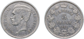 Belgium Kingdom 1933 1 Belga / 5 Francs - Albert I (Dutch text) Nickel Brussels Mint (1513000) 13.63g VF KM 98 LA BFM-130 Schön 54