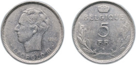 Belgium Kingdom 1937 5 Francs - Léopold III (French text) Nickel Brussels Mint (1847500) 11.91g VF KM 108 Schön 68 LA BFM-131