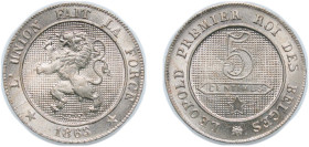Belgium Kingdom 1863 5 Centimes - Léopold I Copper-nickel Brussels Mint (16055072) 3g UNC KM 21 LA BFM-15