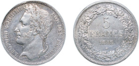 Belgium Kingdom 1848 5 Francs - Léopold I Silver (.900) Brussels Mint (2516283) 25g XF KM 3 LA BFM-124 LA BFM-125