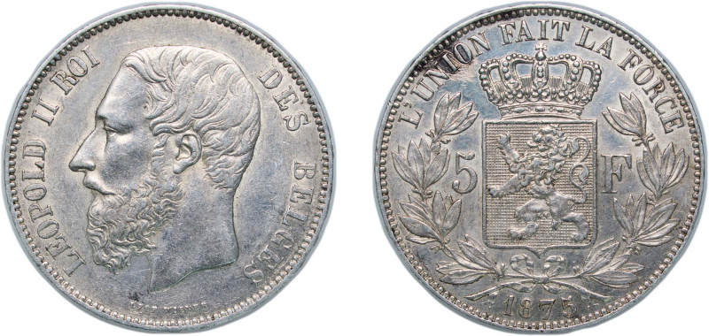 Belgium Kingdom 1875 5 Francs - Léopold II (small head) Silver (.900) Brussels M...