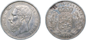 Belgium Kingdom 1875 5 Francs - Léopold II (small head) Silver (.900) Brussels Mint (2980941) 25g AU KM 24 LA BFM-127